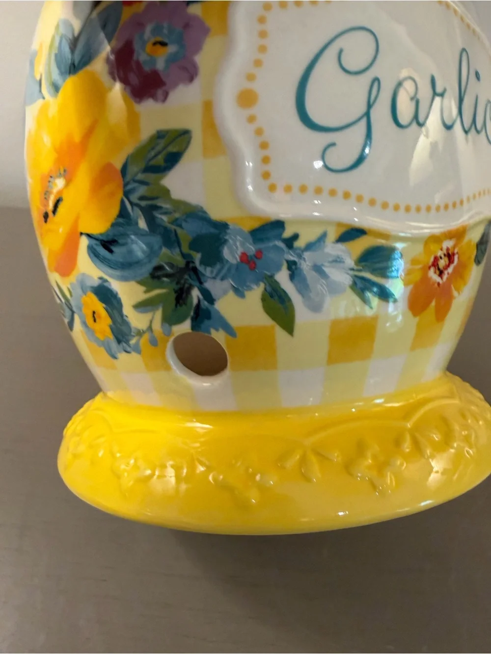 Pioneer Woman Sweet Romance Garlic Keeper Clear Knob Lid Ceramic Yellow Kitchen